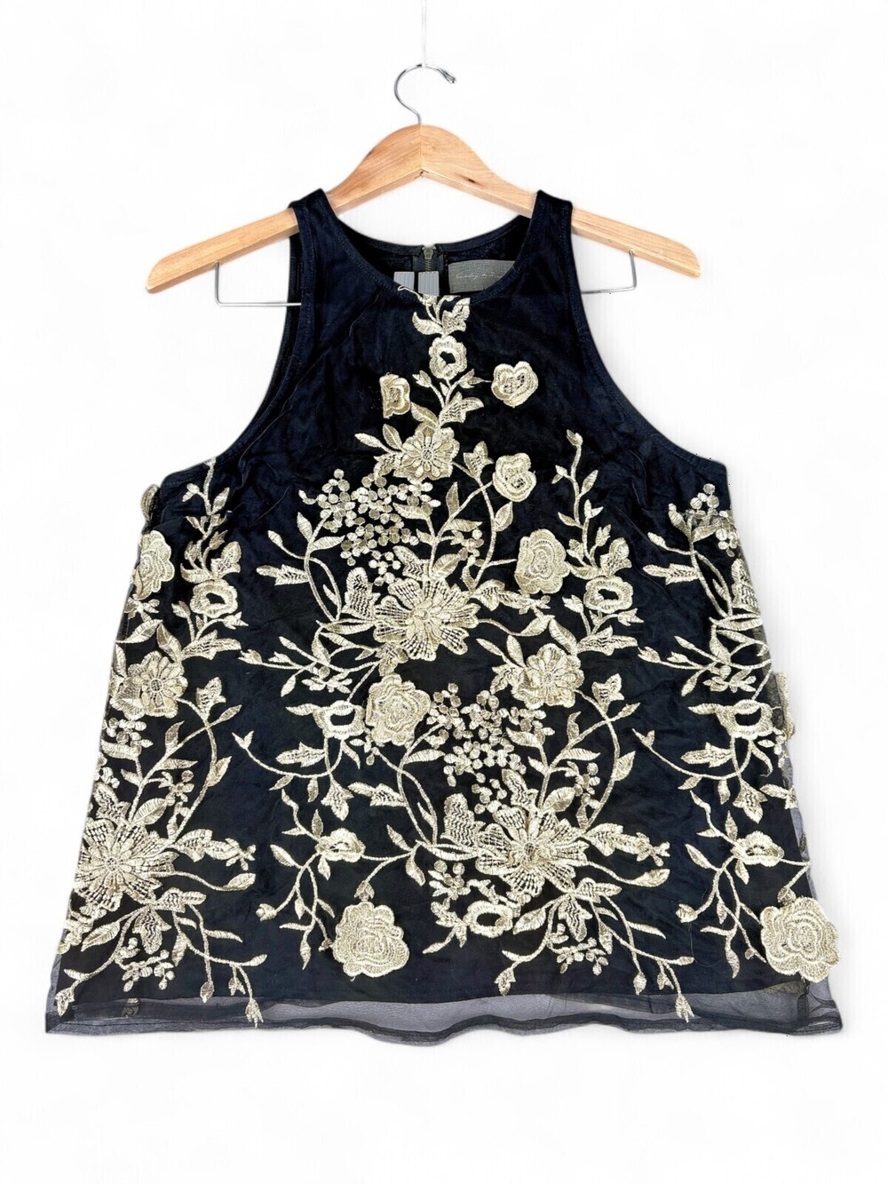 Sunday in Brooklyn Embroidered Gold Floral Mesh Shell Top S